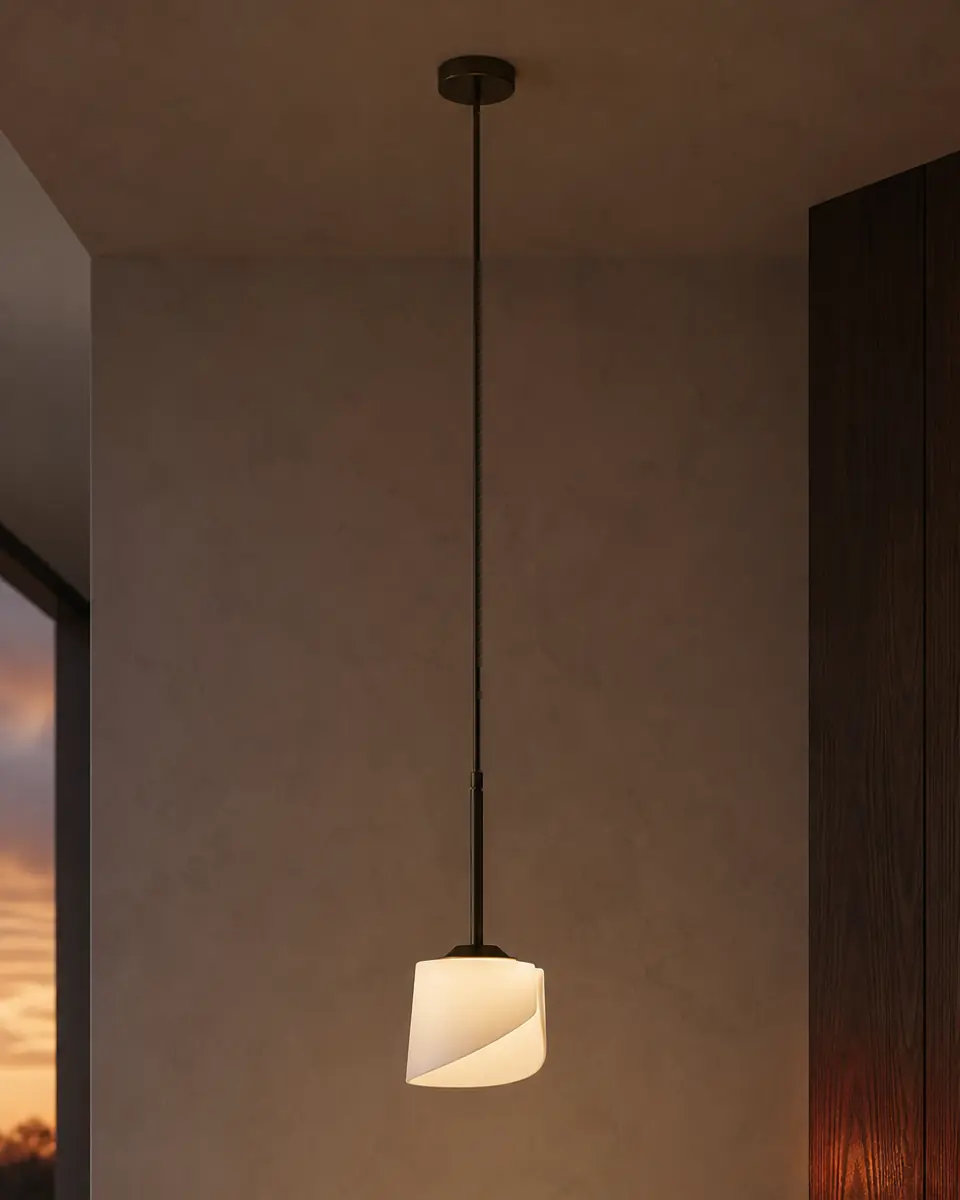 Small glowing opal pendant suspended against a warm plaster wall