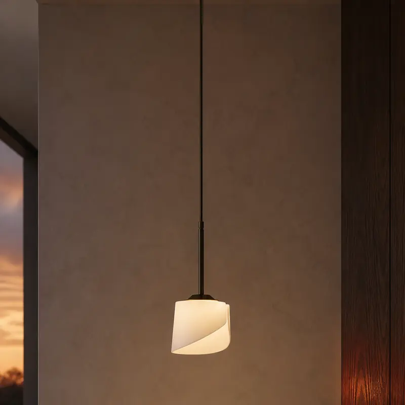 Close view of a glowing folded pendant form against warm plaster