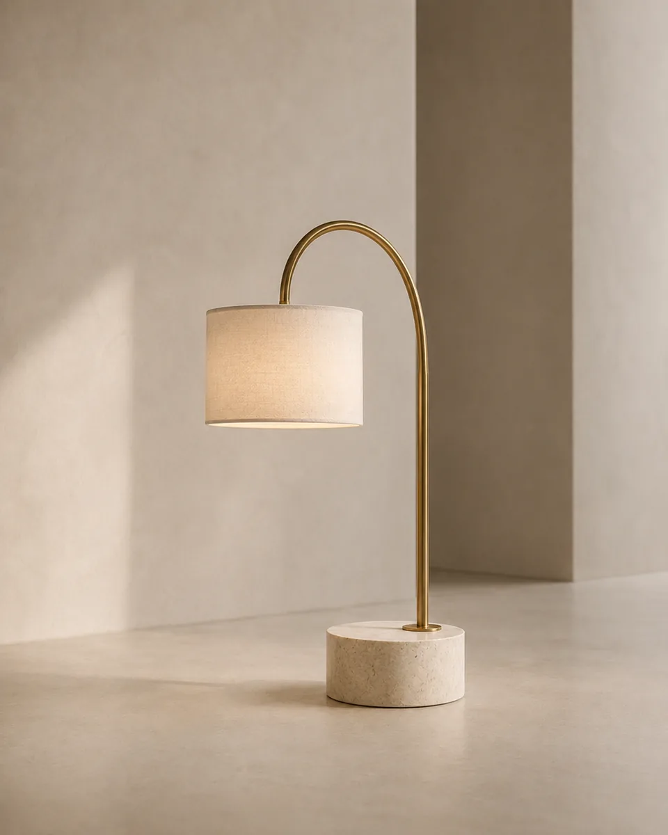 Brushed brass arc table lamp with a linen drum shade over a stone-effect base in a sunlit studio setting