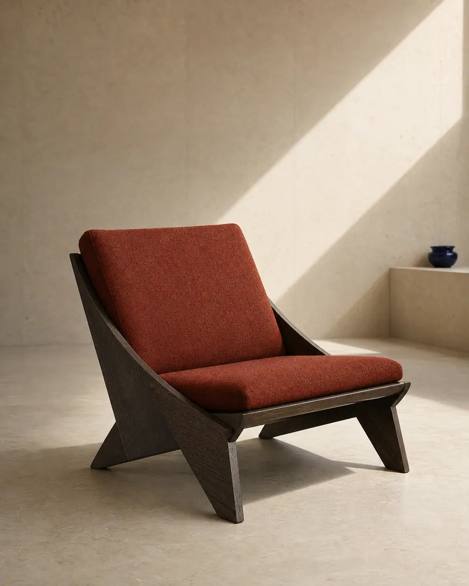 Rust-coloured low lounge chair with a dark frame in a sunlit studio setting