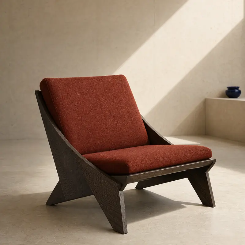 Close view of a rust-coloured chair surface and dark folded frame