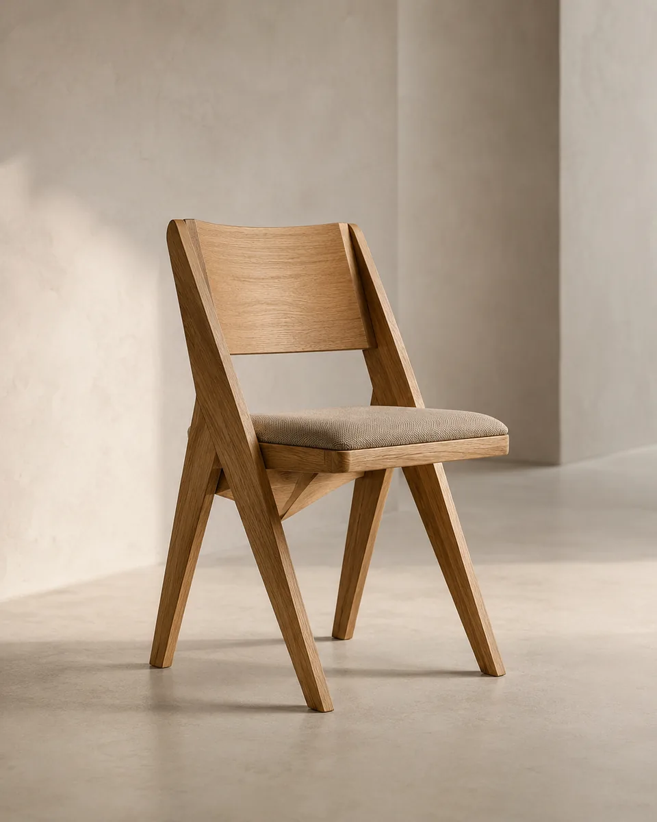 Natural oak dining chair with an angular folded frame and woven neutral seat in a sunlit studio setting