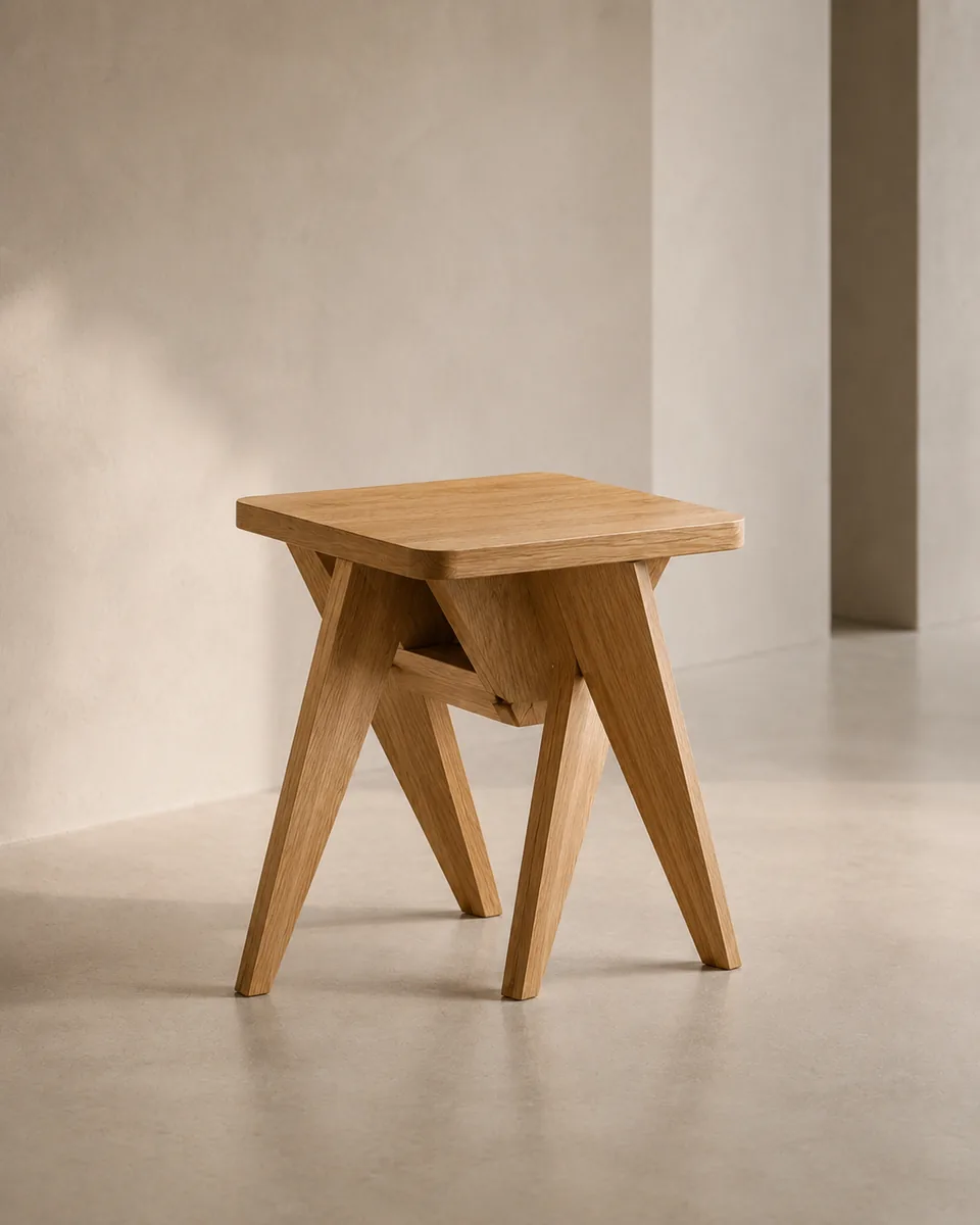 Natural oak side table with an angular folded-plane leg frame in a sunlit studio setting