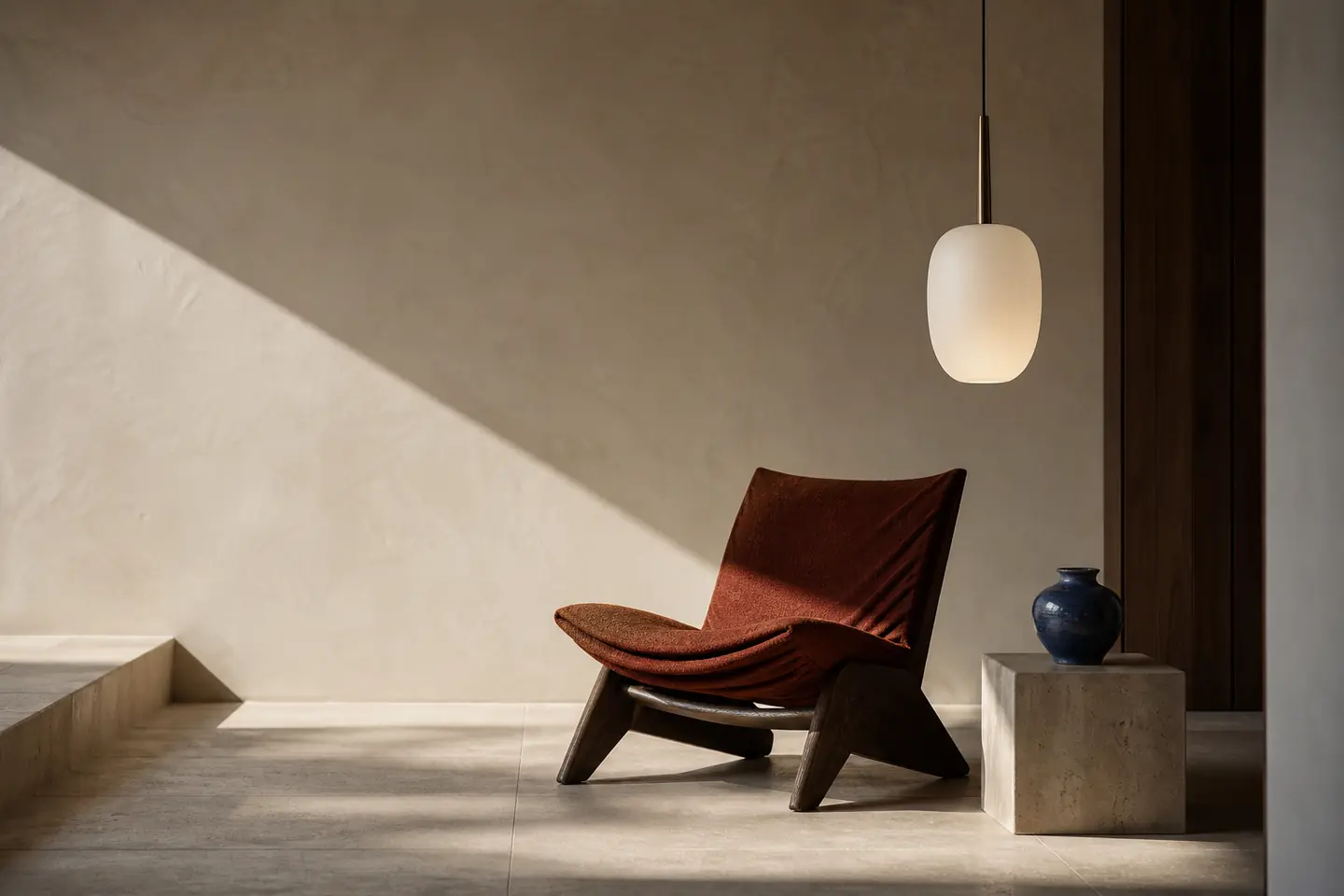 Rust-coloured lounge chair, opal pendant and blue vessel arranged in a sunlit mineral interior
