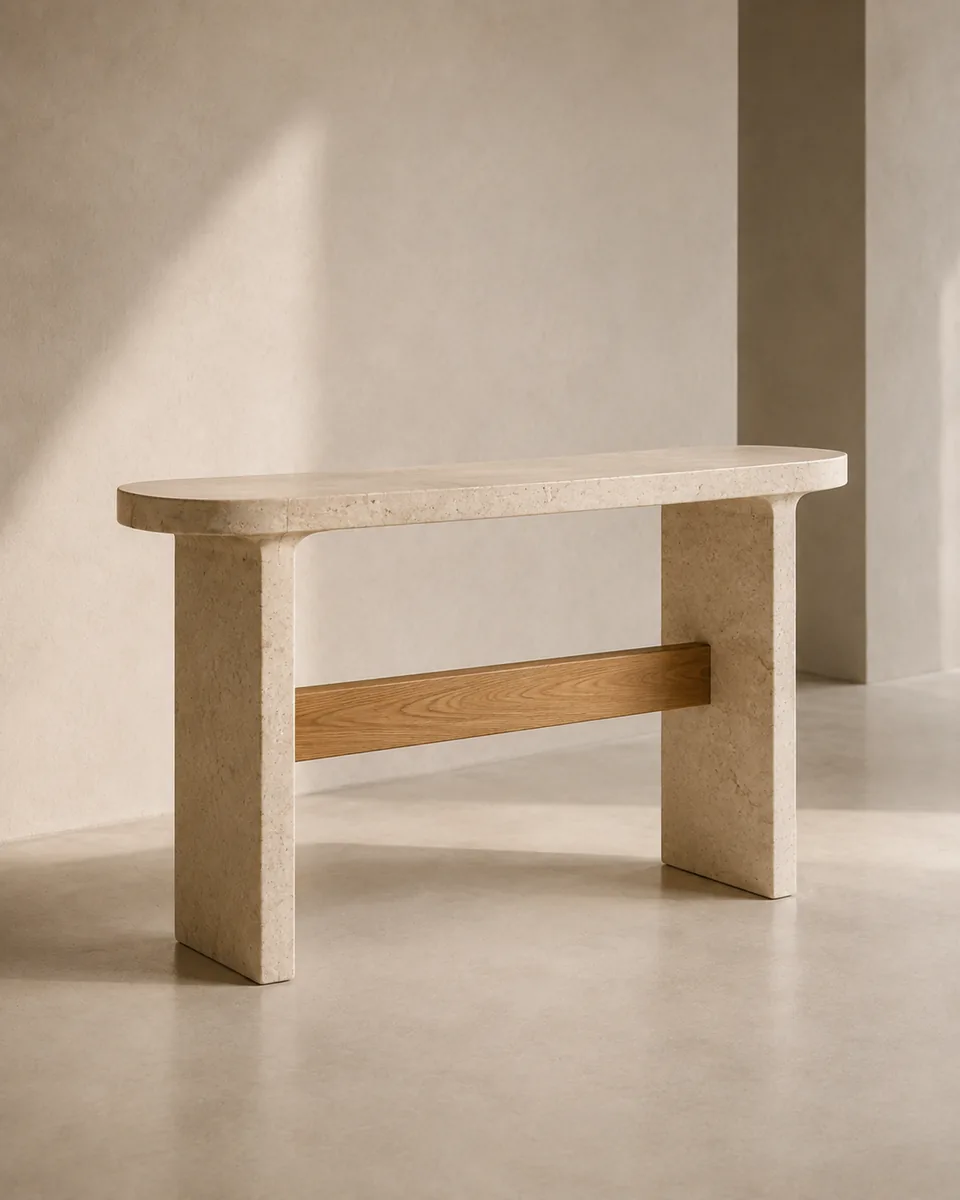Chalk-coloured mineral console table with an oak stretcher accent in a sunlit studio setting